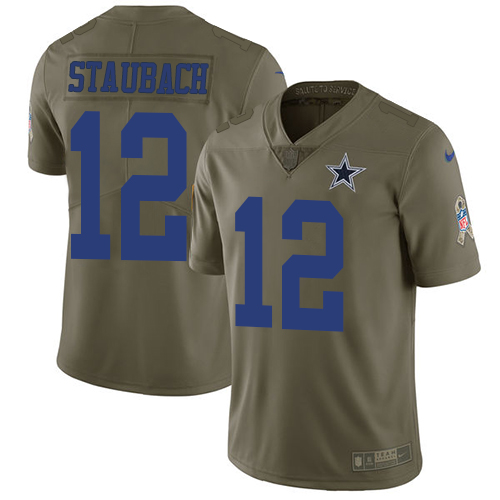 Nike Cowboys #12 Roger Staubach Olive Men's Stitched NFL Limited Salute To Service Jersey - Click Image to Close